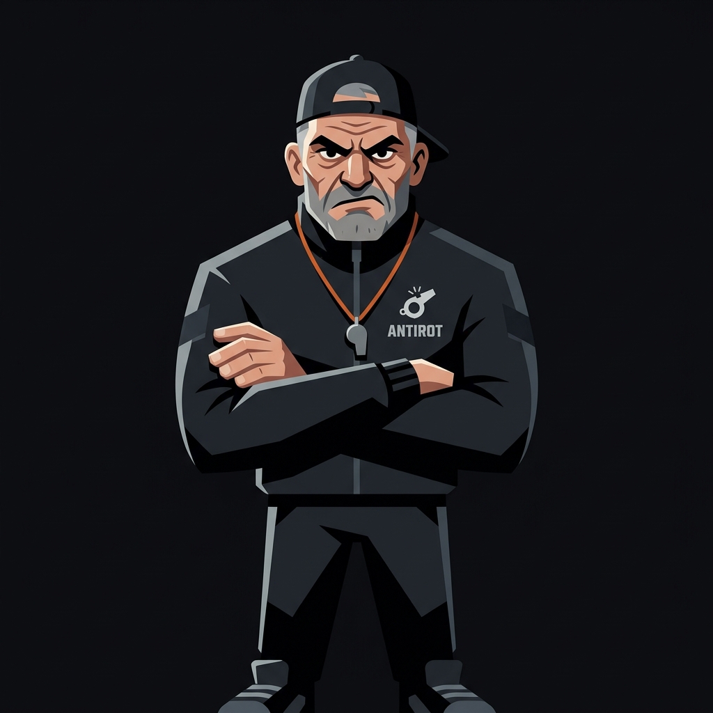 Antirot Coach — stern, arms crossed, whistle around neck
